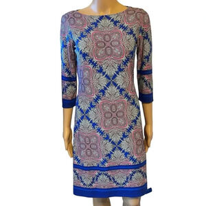 Wisp Women 4p 3/4 Sleeve Shift Dress Blue Geometric Presley Knees Length Comfort